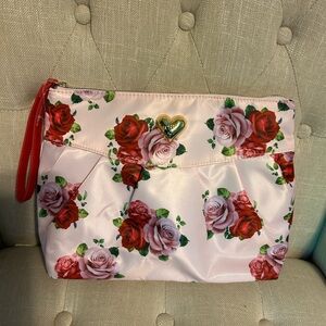 Betsey Johnson Pink Floral Clutch with Red Rose Print & Gold Heart